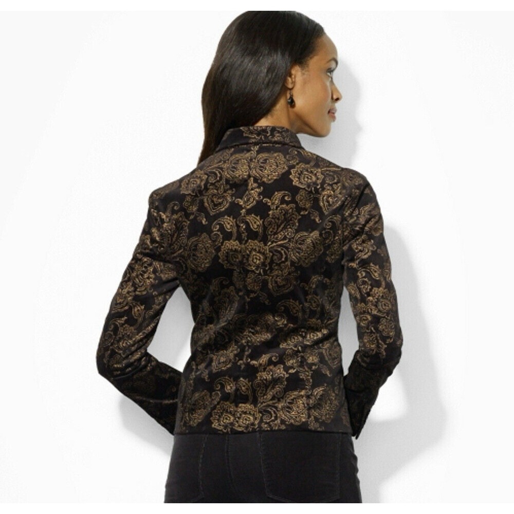 Lauren Ralph‎ Lauren Womens Blazer 10 Black Velvet Gold Floral Paisley Luxury - Picture 3 of 7